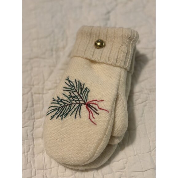 Vintage Wool Mittens With Holly & Pine Embroidery Brass Button & Fleece Lining - Picture 2 of 2